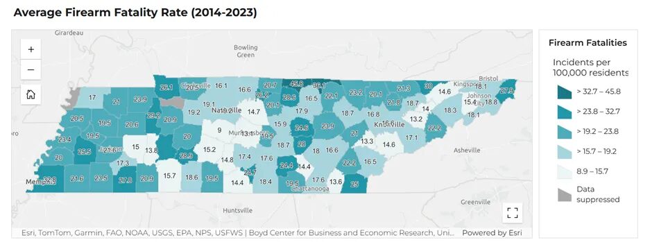 Map Showing TN Firearm Fatality Rate fomr 2014-2023